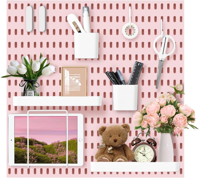 VUSIGN Pegboard Combination Wall Organizer Kit, 4 Pieces Pegboards and 17 Accessories Modular Hanging, Wall Mount Display Peg Board Panel Kits for Bedroom, Home, Office, Bathroom, 22" x 22", Pink - Image 1